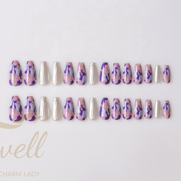 Easywell 28 pieces fake nails wholesale OEM pressed nails ladies artificial nails purple combo 17