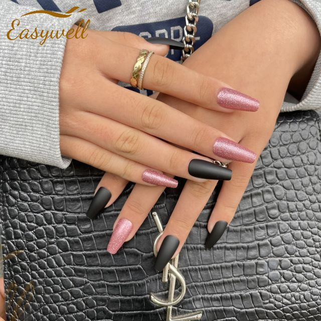 Easywell 28 pcs French rose Small coffin false press on nails custom Fake Nails Coffin fake nails 