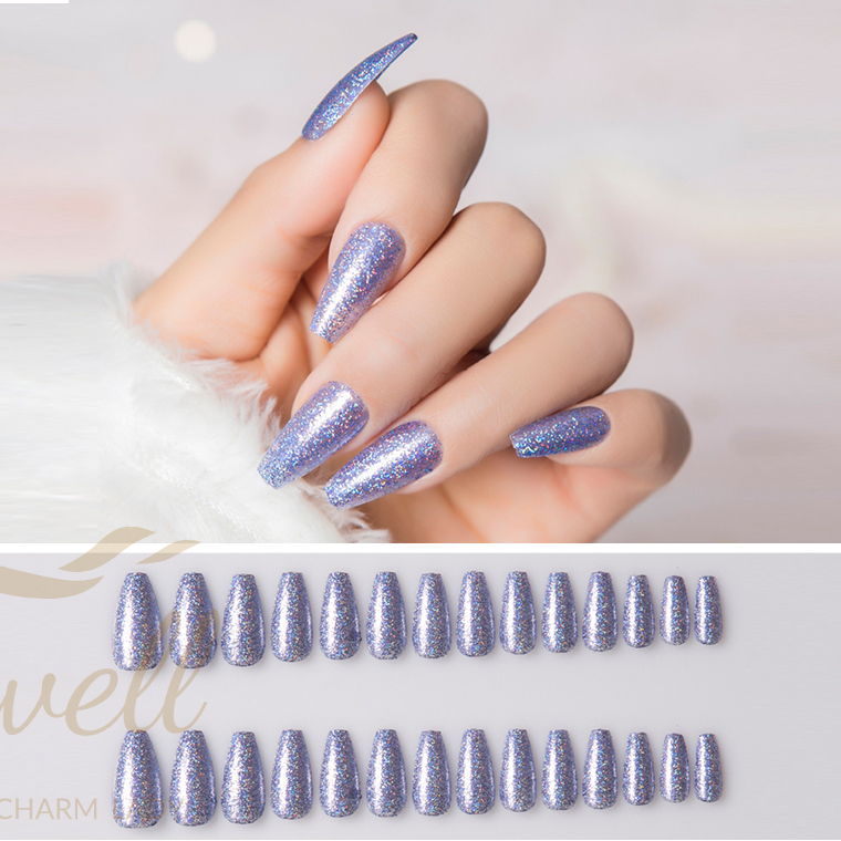 Easywell 28 pcs manufacture wholesale navy blue glitter design medium ballerina coffin press on artificial fingernails false nails