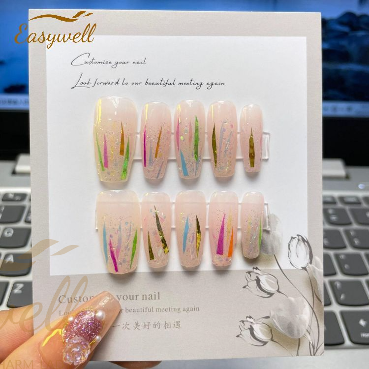 Long Ballerina Pink Blue Yellow Butterfly Nails Art Salon Press On Nails Customized Artificial Fake Nail Tips
