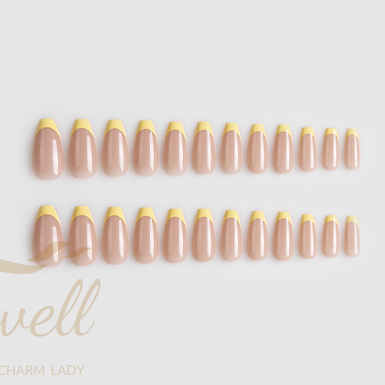 Easywell 28 pcs wholesale OEM designer pressed nails ladies artificial nails yellow French false nails