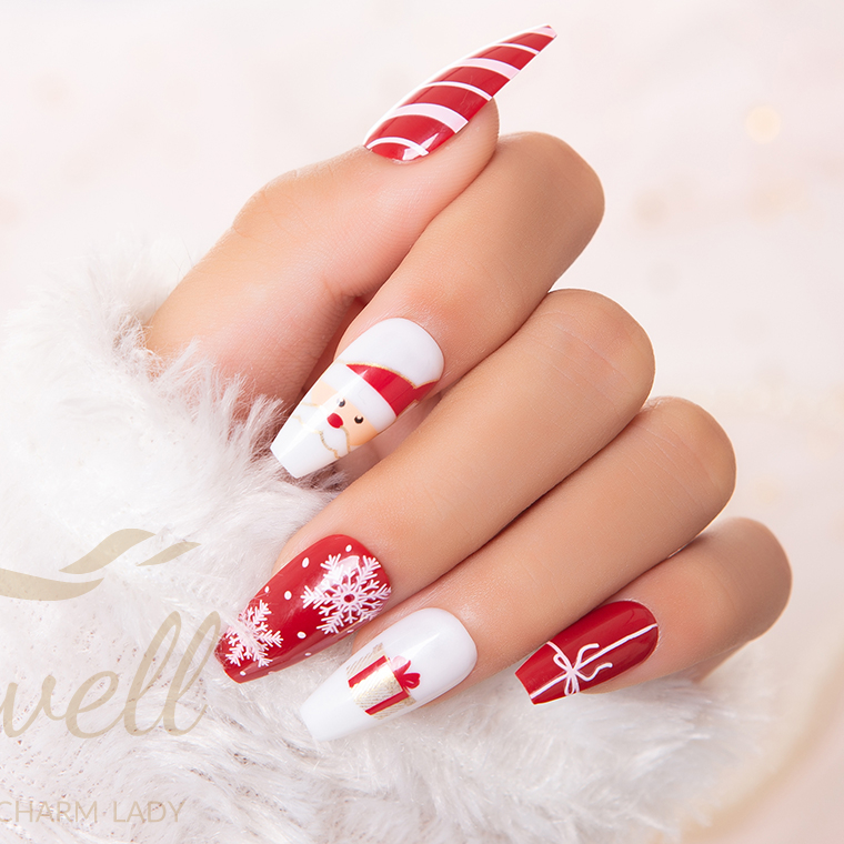 Easywell 28 pcs manufacture wholesale 2022 design Christmas theme ballerina coffin shapes press on artificial fingernails false nails